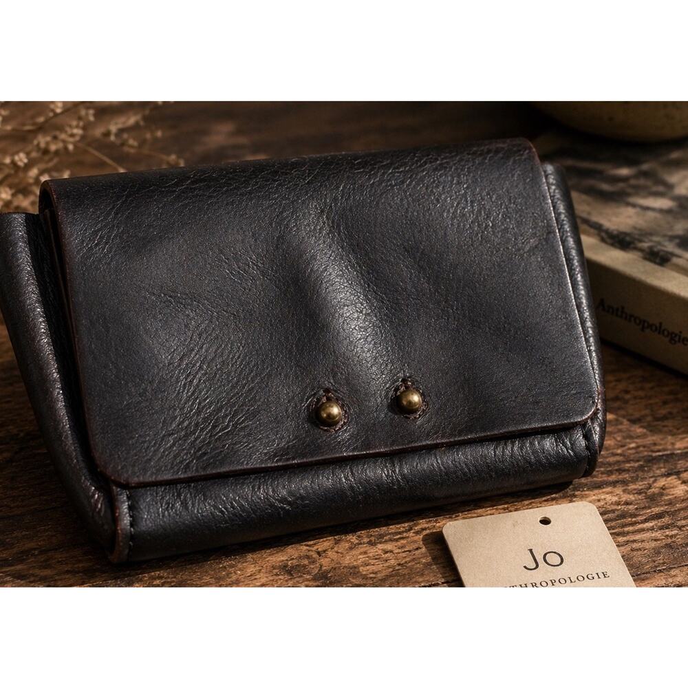 Anthropologie JO Leather Wallet Black Handmade Mexico Foldover Snap Boho
